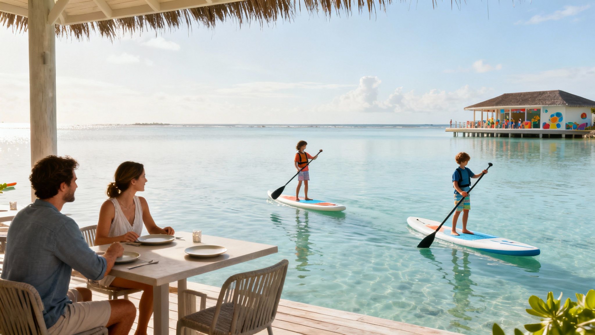Family enjoys an all-inclusive tropical resort: parents dining outdoors, children paddleboarding in clear ocean.