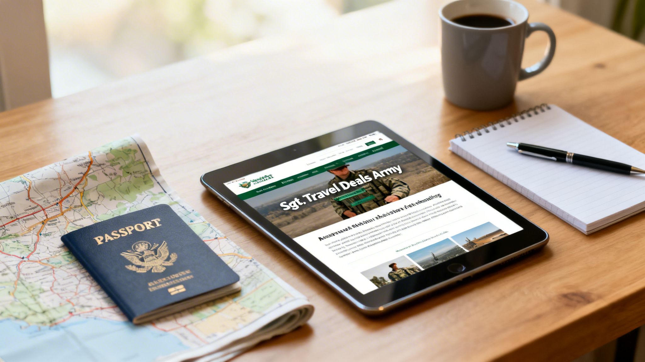 Travel essentials on a wooden desk: map, US passport, tablet displaying travel deals, coffee, and notebook.