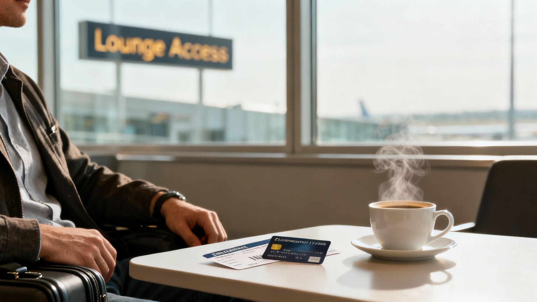 Man with coffee, credit card, and boarding passes in an airport lounge, with 'Lounge Access' sign.