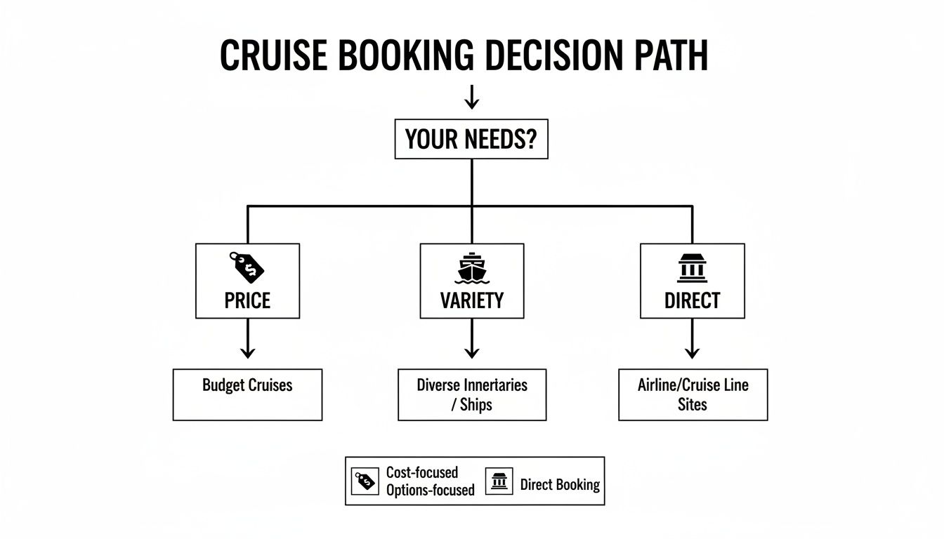 Flowchart illustrating the cruise booking decision path, categorizing choices by price, variety, or direct booking.