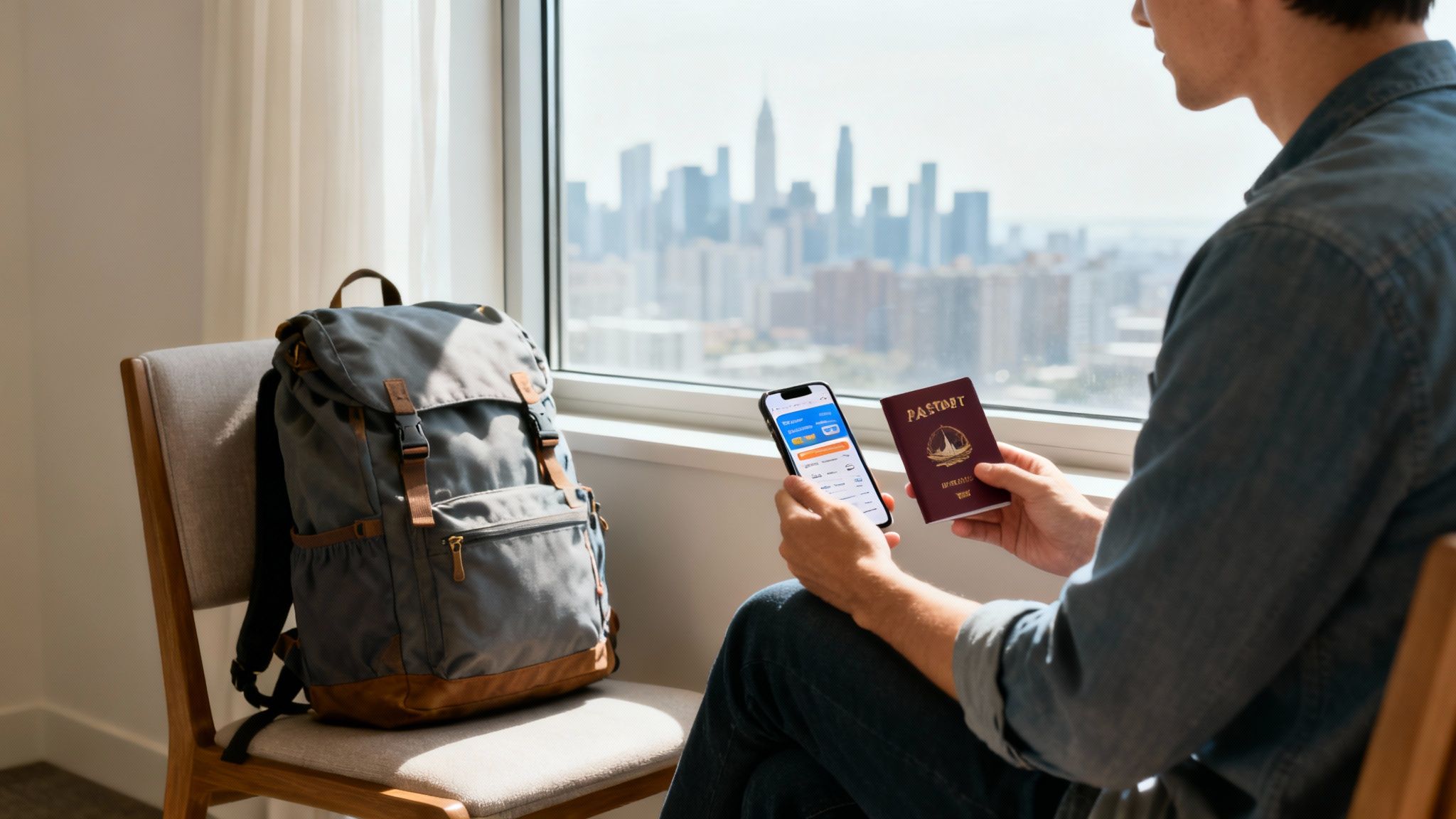 Man holding passport and phone with travel app, next to a backpack, planning a trip.