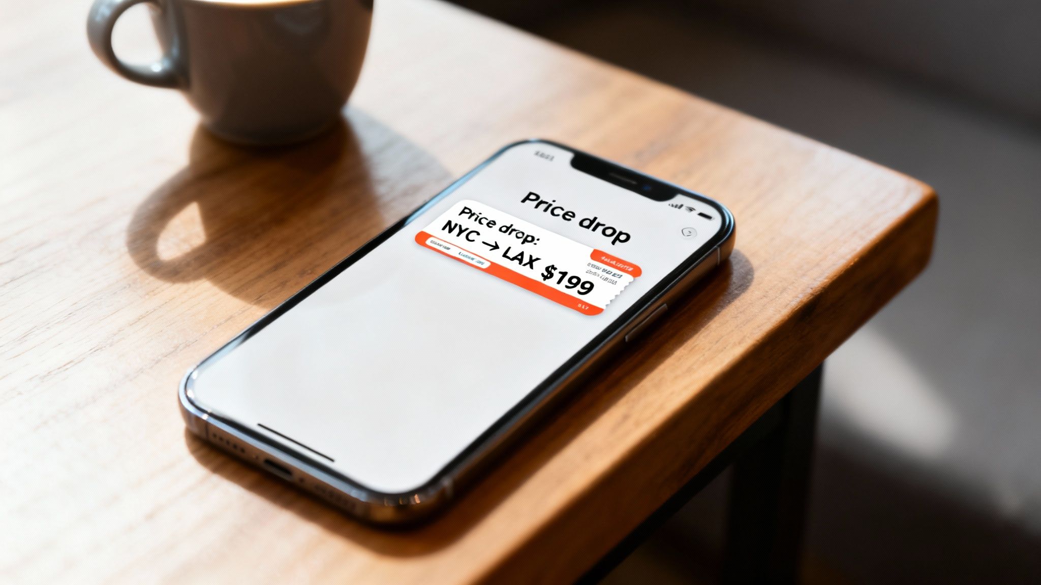 A smartphone on a wooden table displays a flight price drop notification from NYC to LAX for $199.