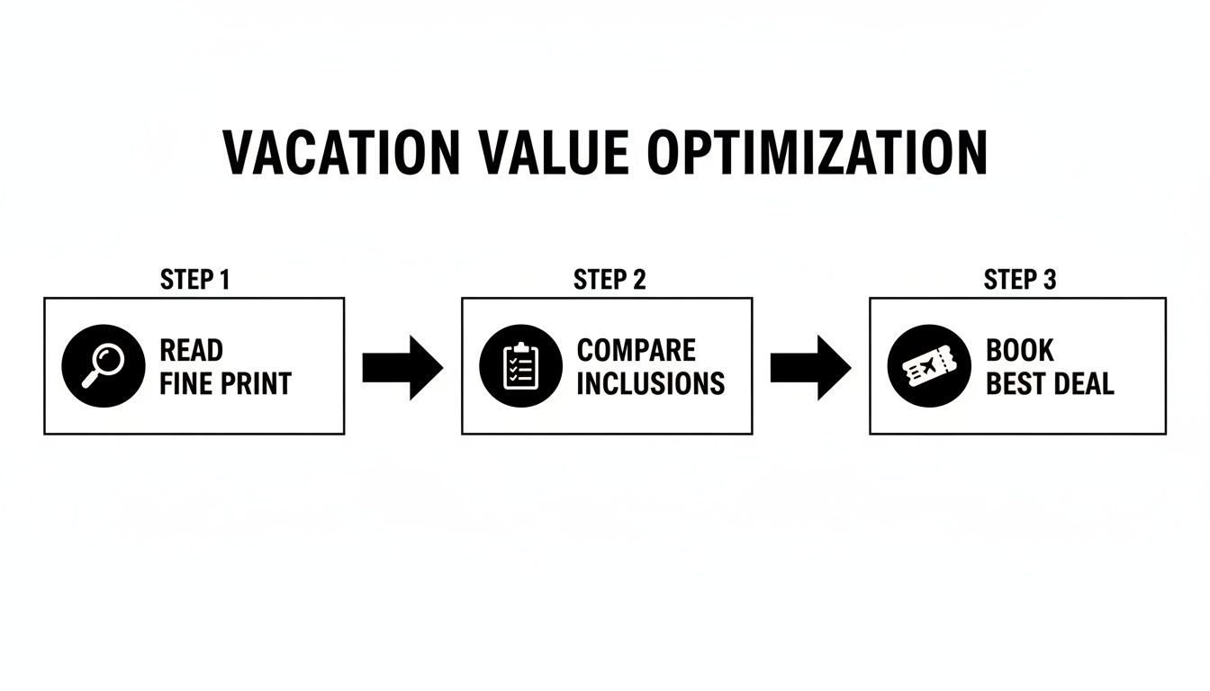Flowchart for Vacation Value Optimization: Read Fine Print, Compare Inclusions, and Book Best Deal.