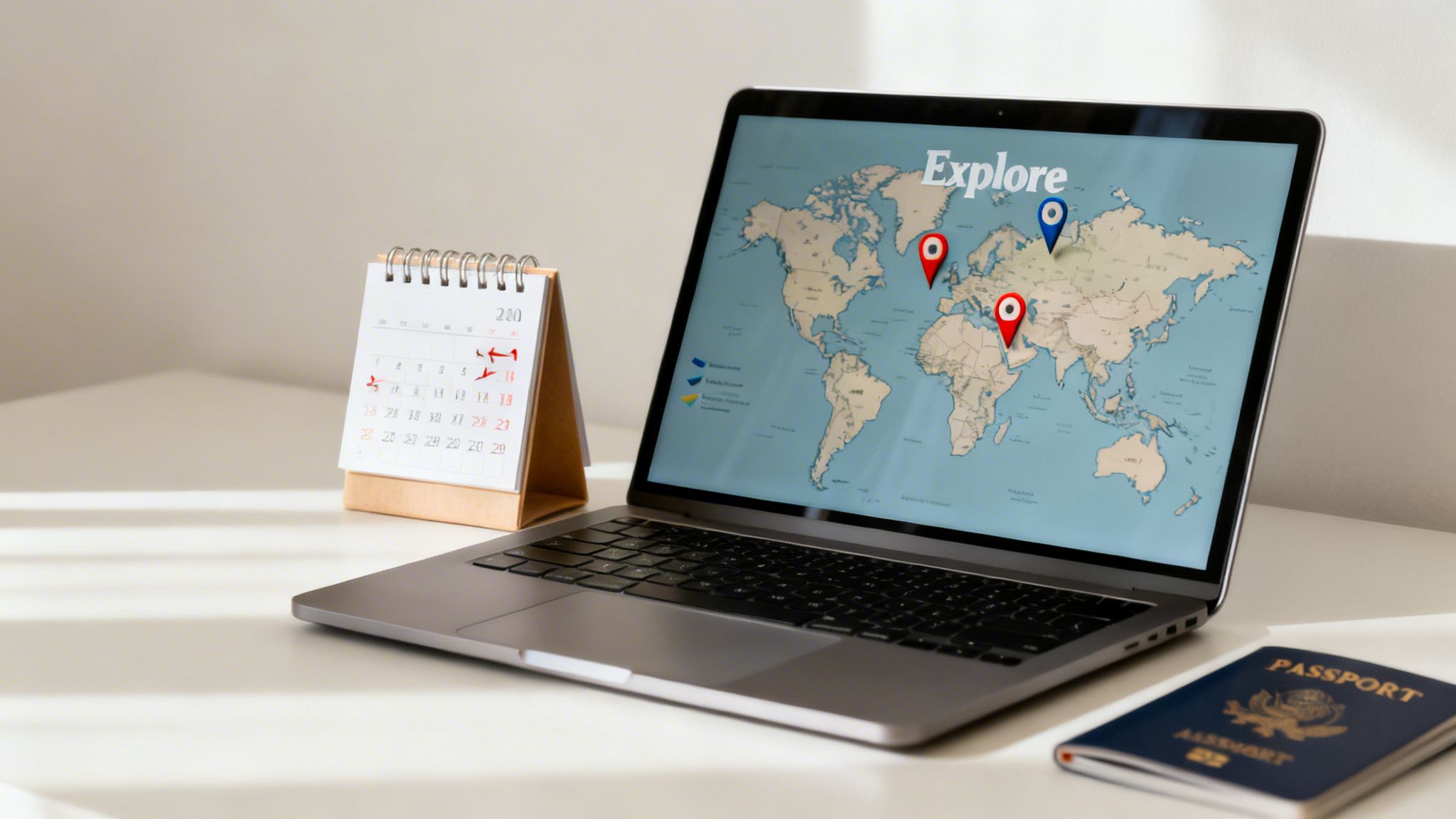 A laptop displays a world map with location pins next to a calendar and passport, symbolizing travel planning.
