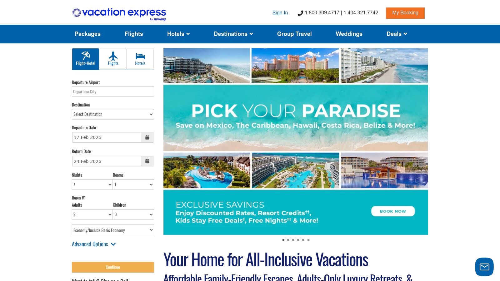 A screenshot of the Vacation Express website showcasing deals and search functionality.