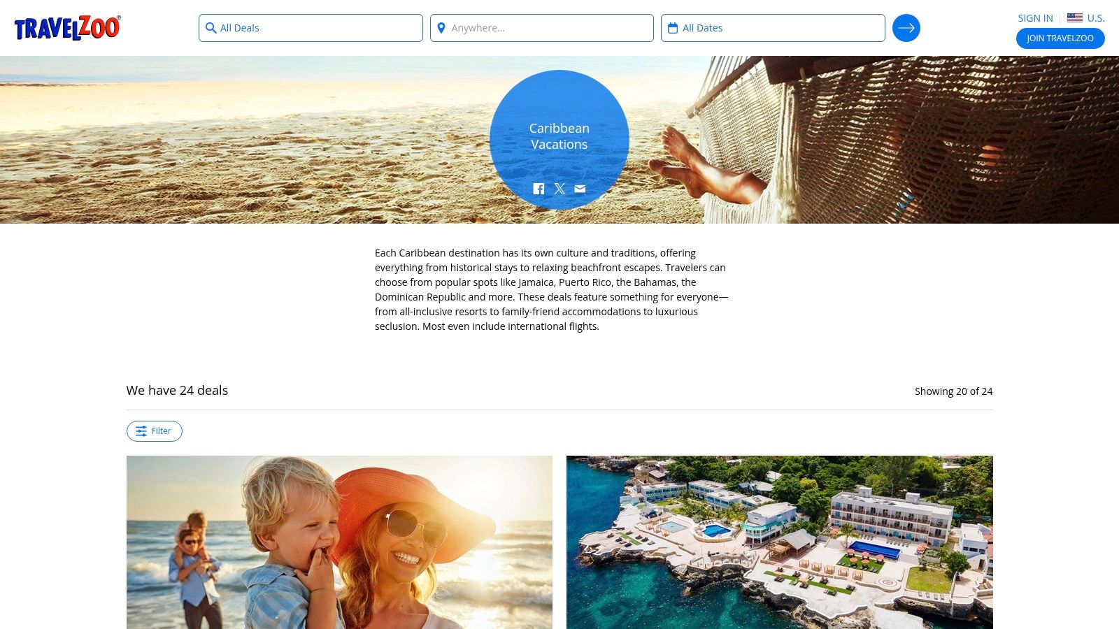 A screenshot of the Travelzoo website showcasing deals for all-inclusive vacations in the Caribbean.
