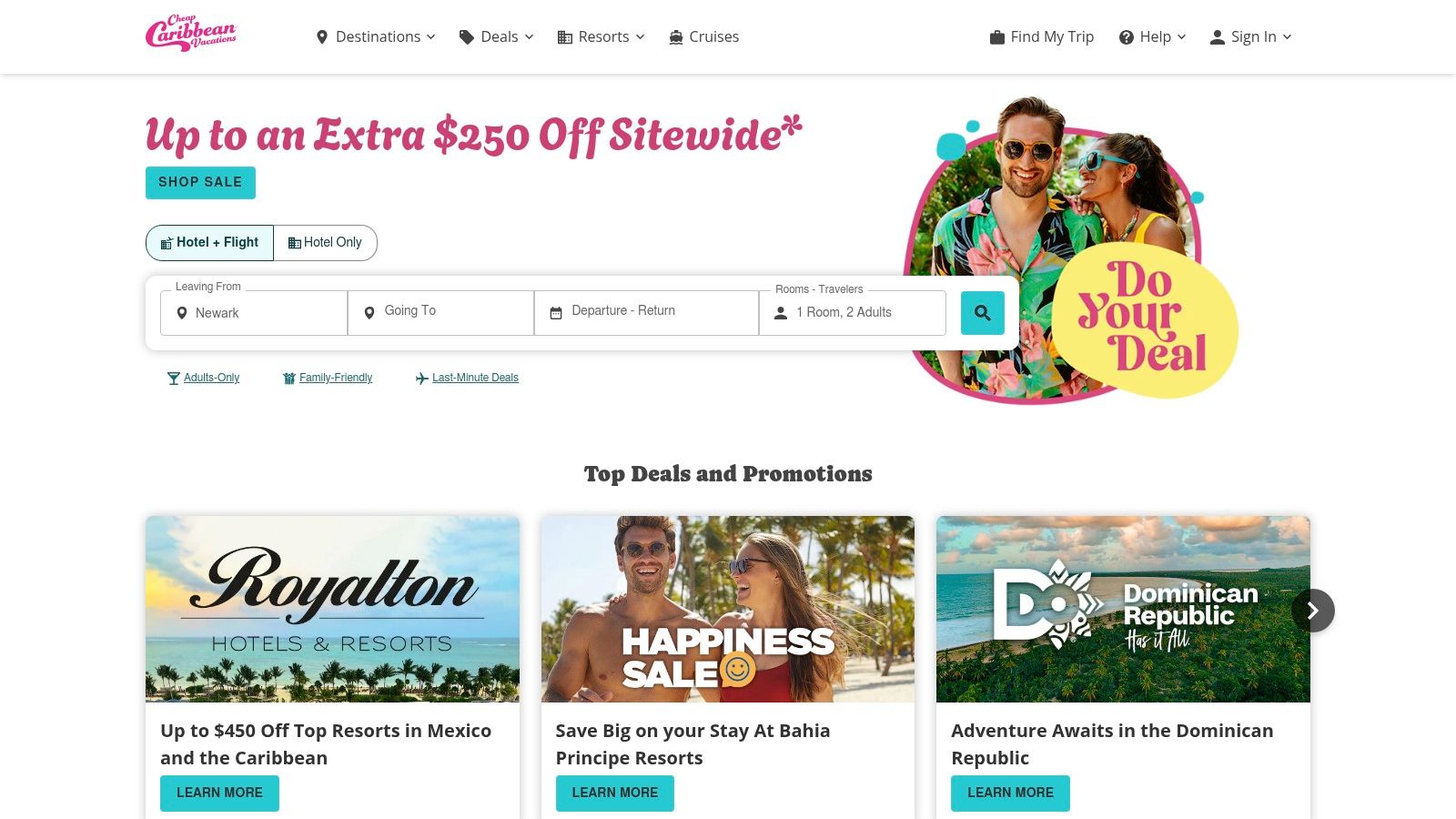 A screenshot of the CheapCaribbean website showing search results for all-inclusive resorts.