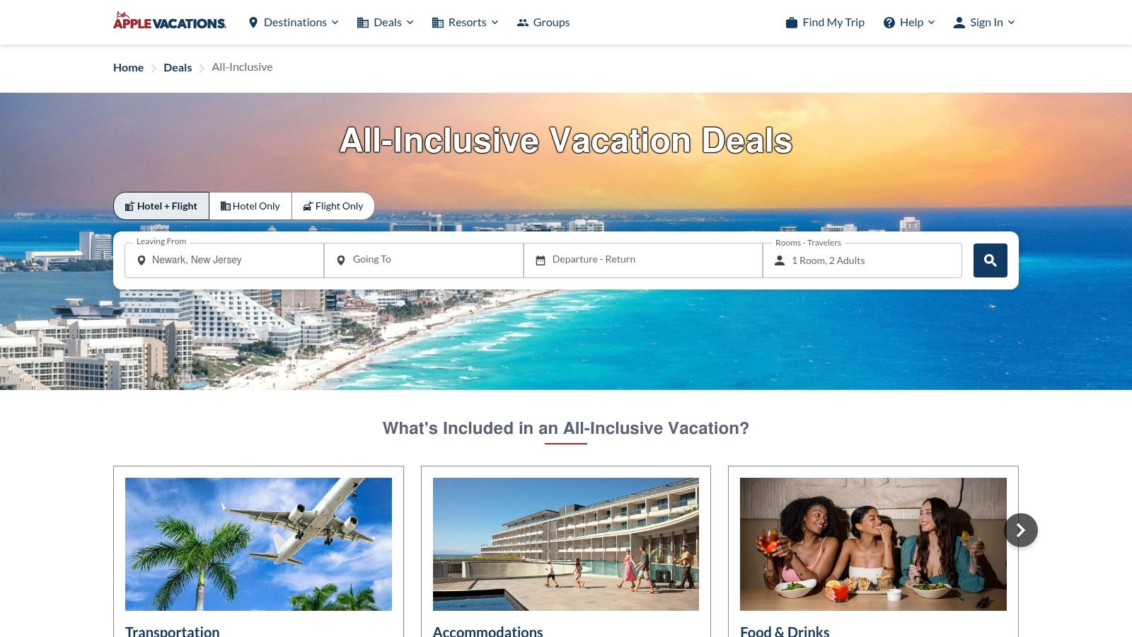 A screenshot of the Apple Vacations website featuring a search for all-inclusive vacation deals.