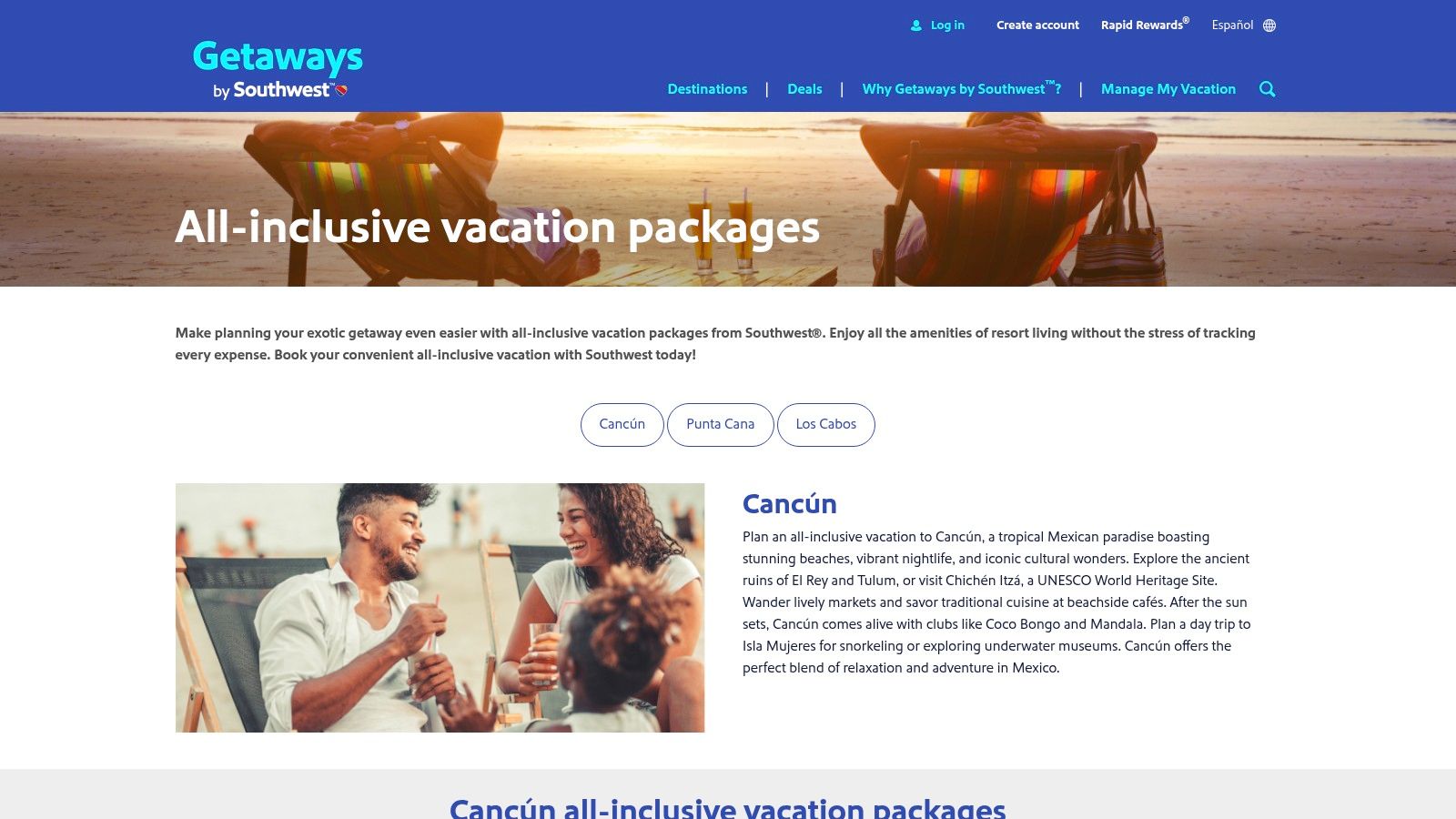 A screenshot of the Southwest Vacations website showing all-inclusive vacation package deals.