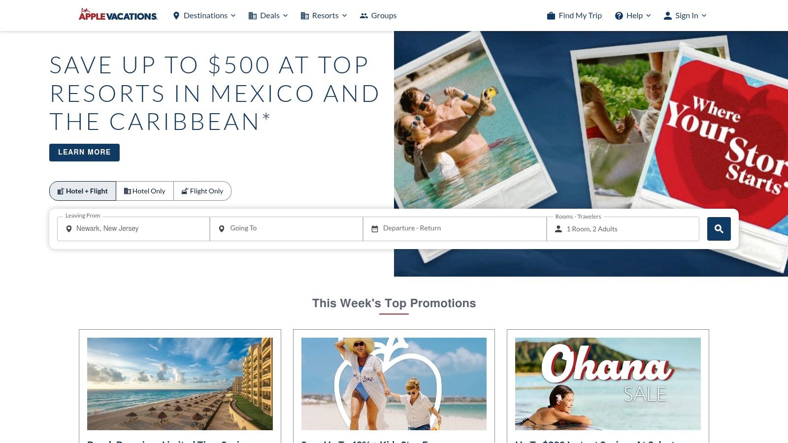 Apple Vacations homepage showing all-inclusive deals for couples