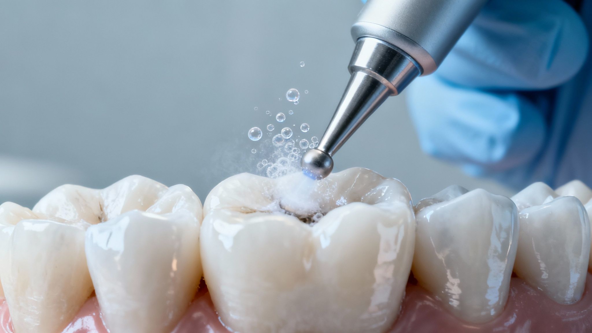 A dentist performing ultrasonic scaling on a patient's teeth.
