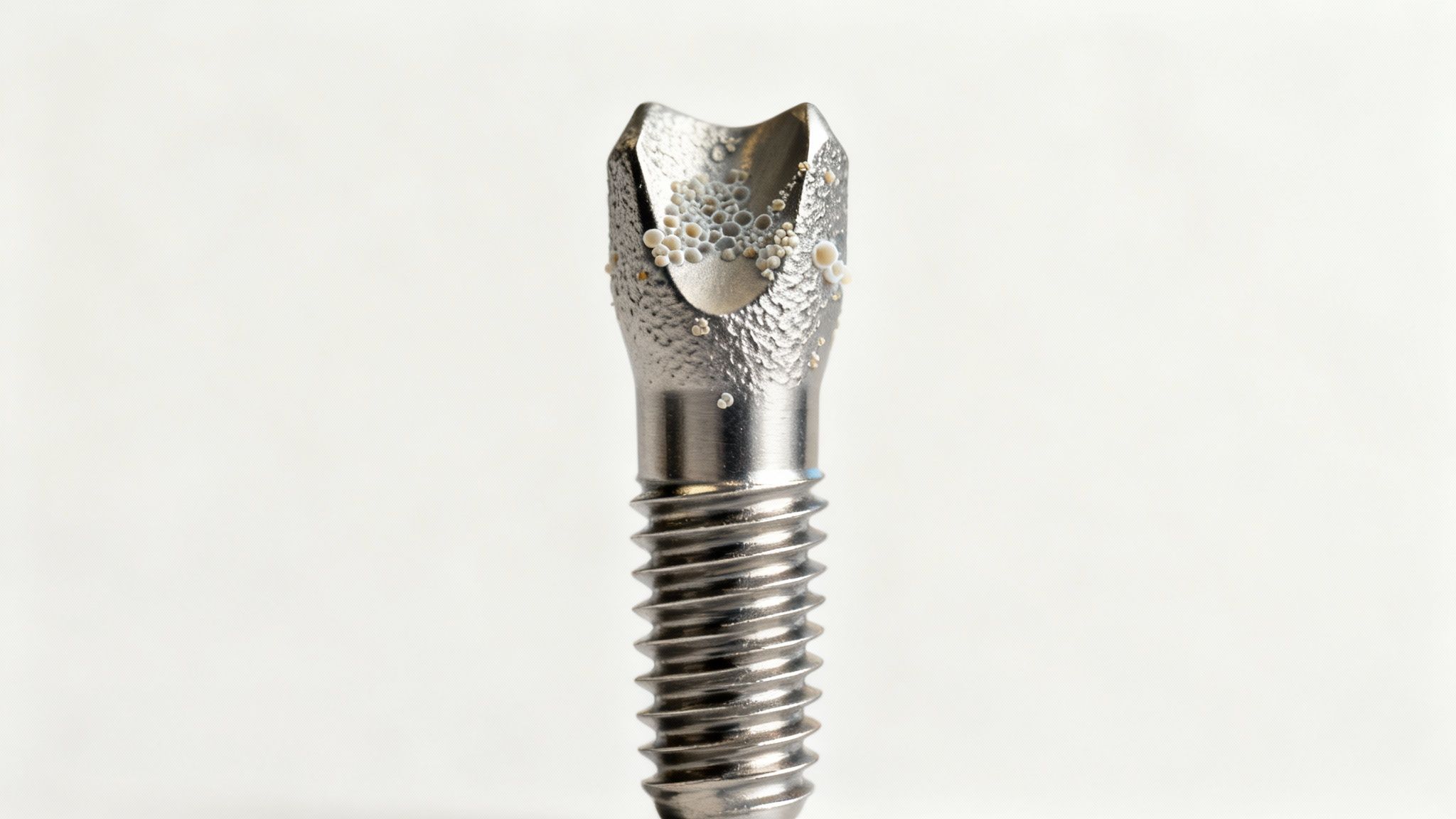 Close-up of a metallic dental implant with a textured surface, showing small white circular growths.