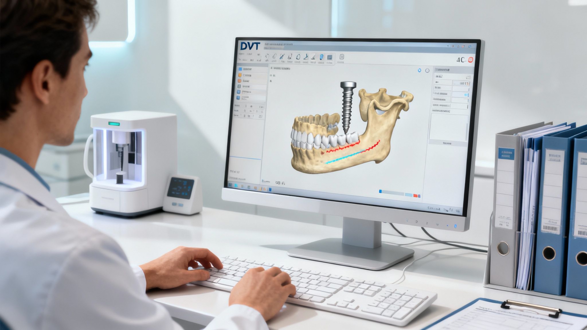 A dental professional reviewing a DVT scan on a large monitor in a modern clinic.