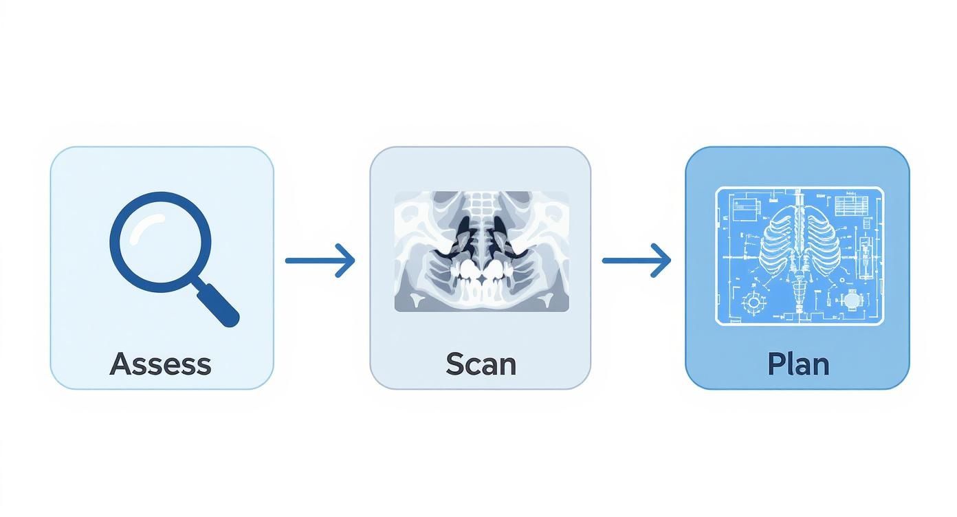 A process flow infographic showing the initial stages of patient selection for all on four implantate treatment, including steps to Assess, Scan, and Plan.