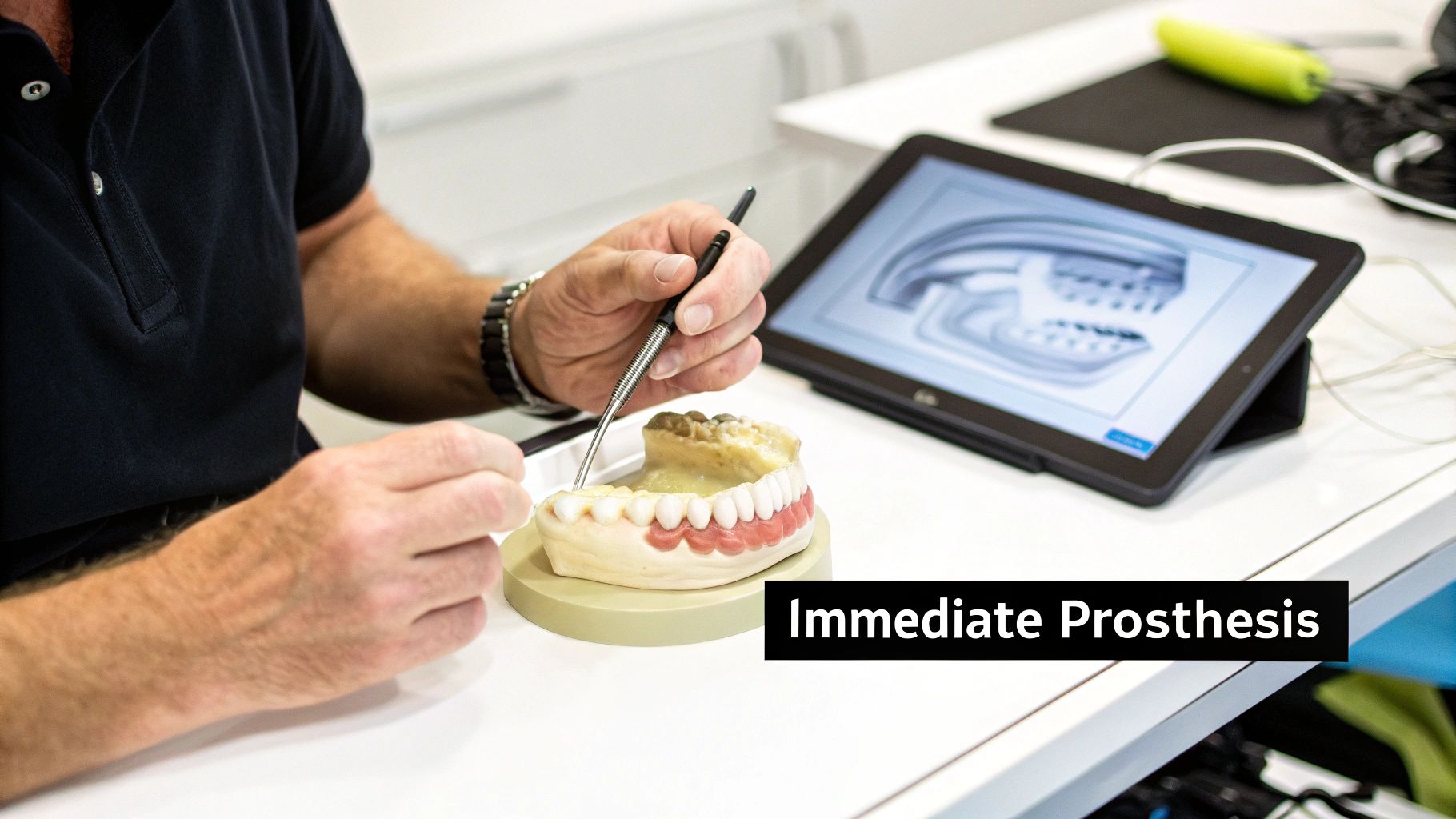 Prosthetic components and tools for an All on 4 dental implantate restoration on a dental tray