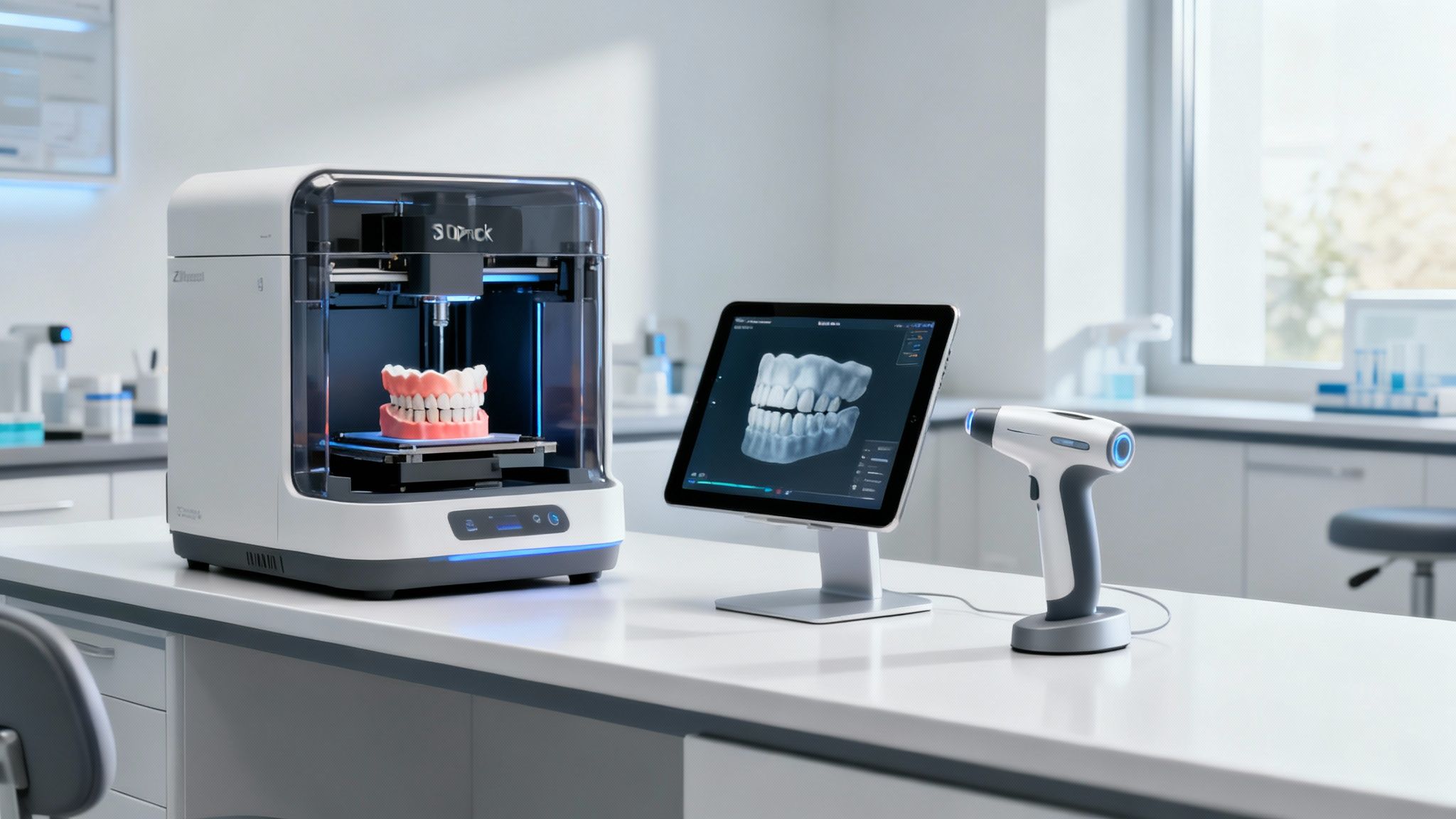3D printer creating dental prosthetics with digital scanning device in modern dental laboratory