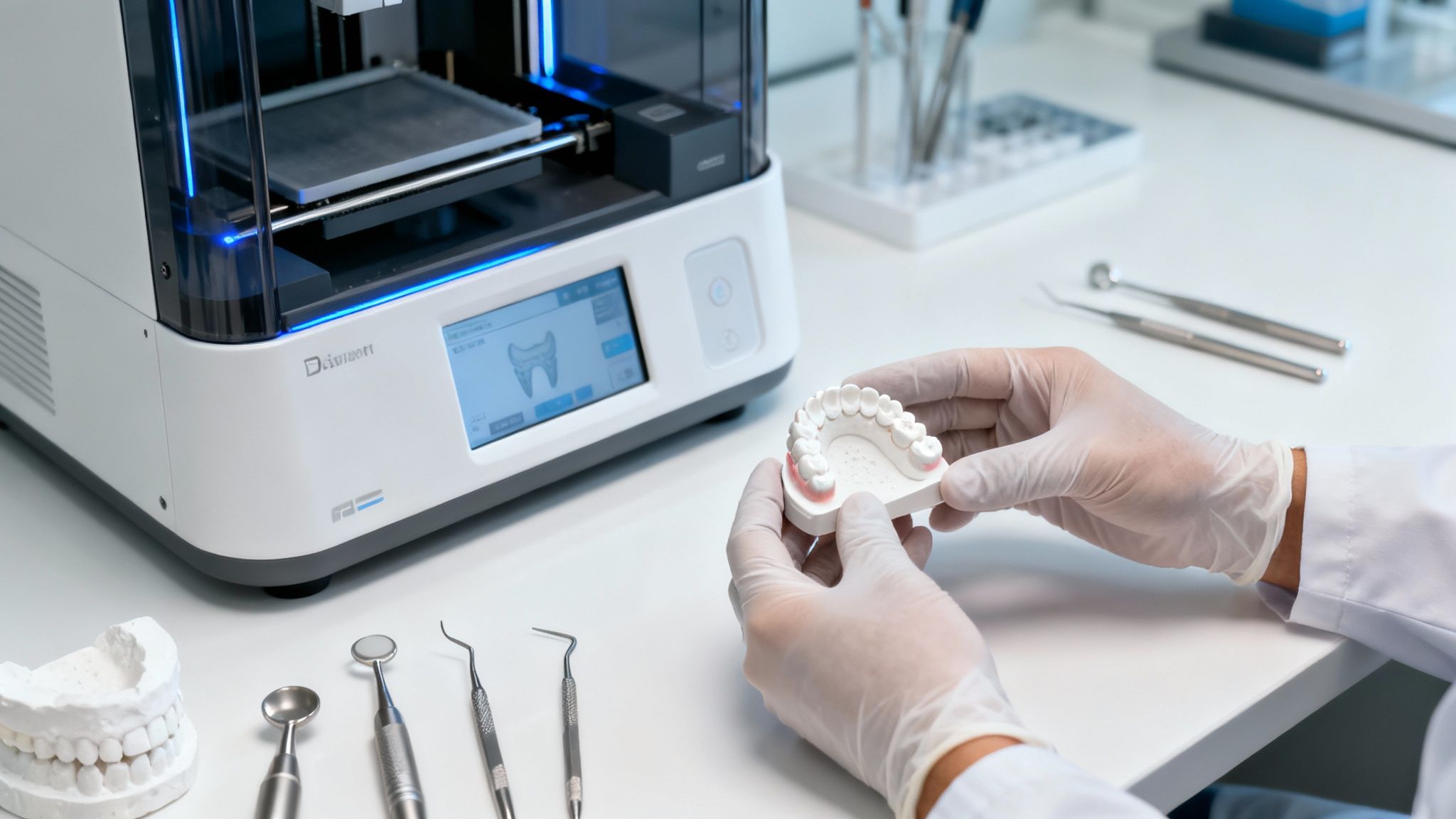 Dental technician holding 3D printed dental model next to professional dental 3D printer machine