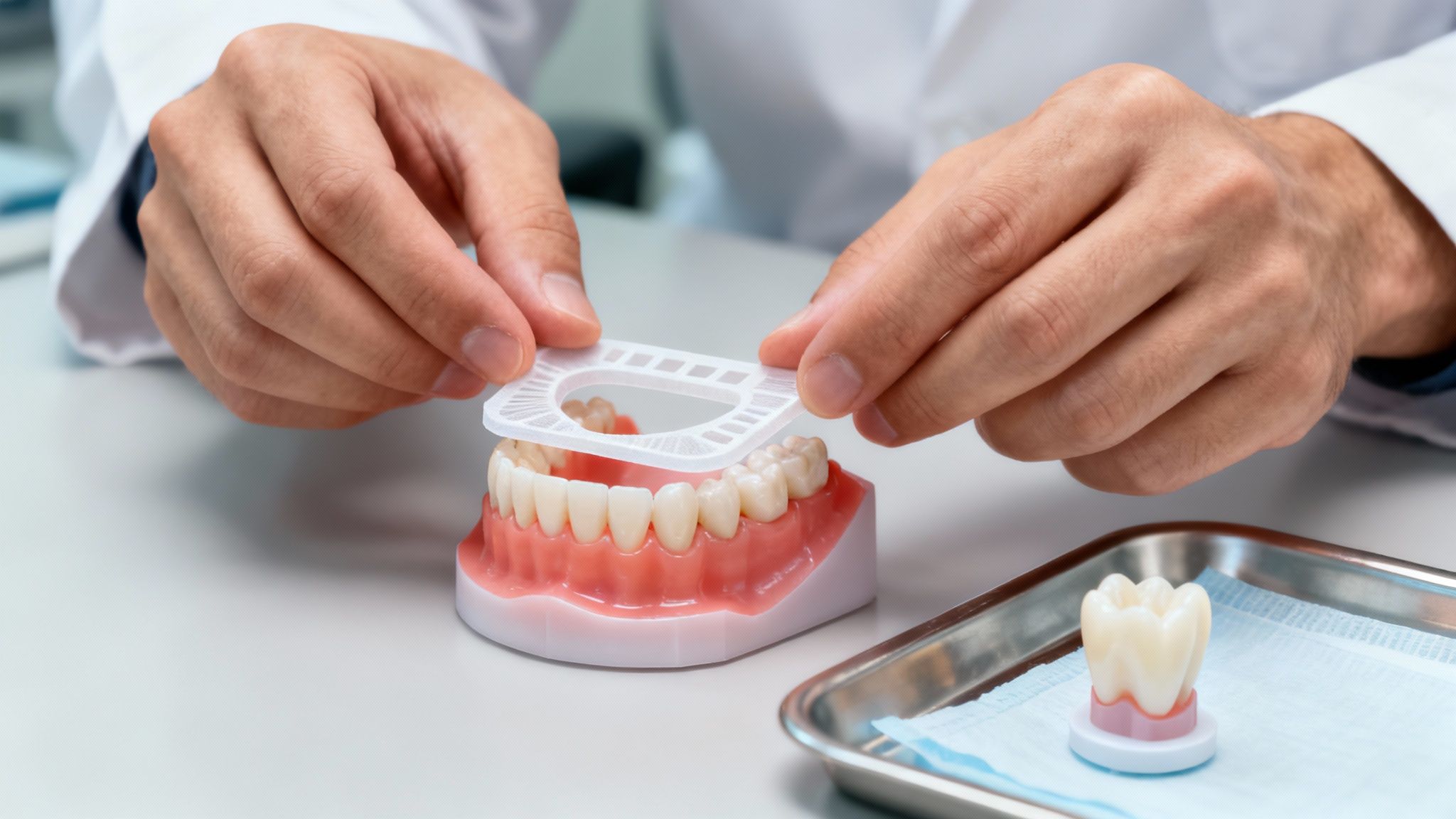 Dental professional holding a 3D printed surgical guide