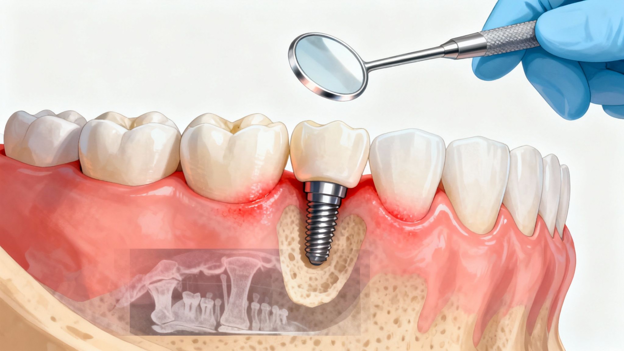 Dental professional examining a model of a dental implant
