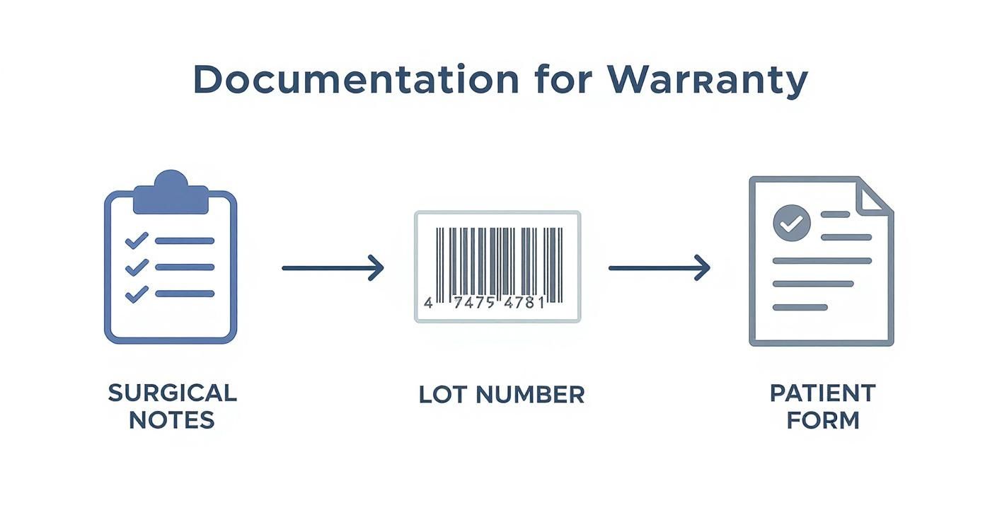 An infographic showing the process flow for warranty documentation, including icons for surgical notes, lot number, and patient forms.
