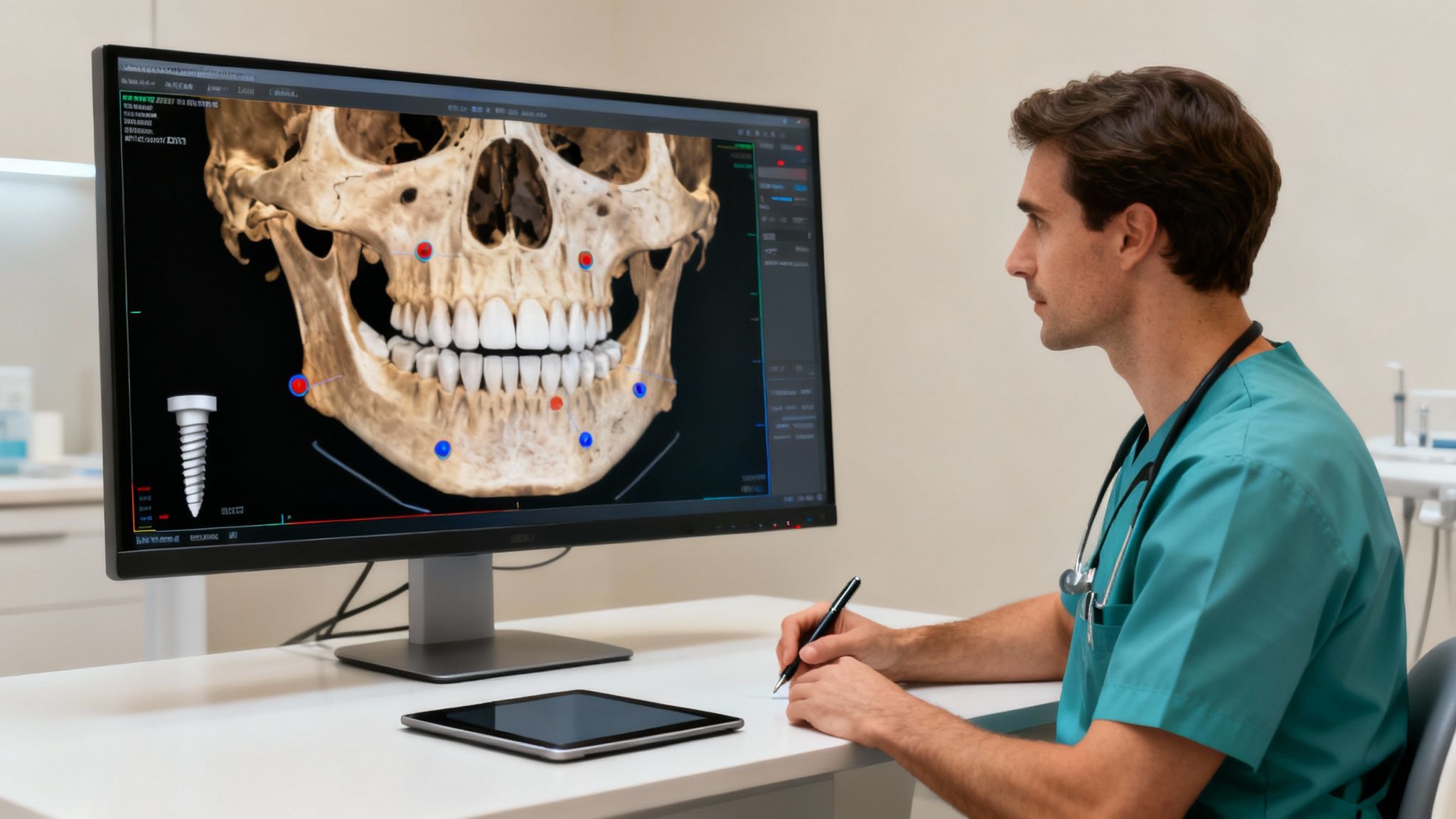 A dentist analysing a digital scan on a computer screen.