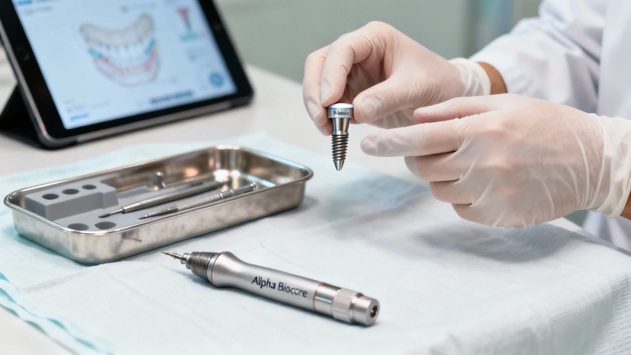 A person in white gloves holds a dental implant, with surgical tools and a tablet in the background.
