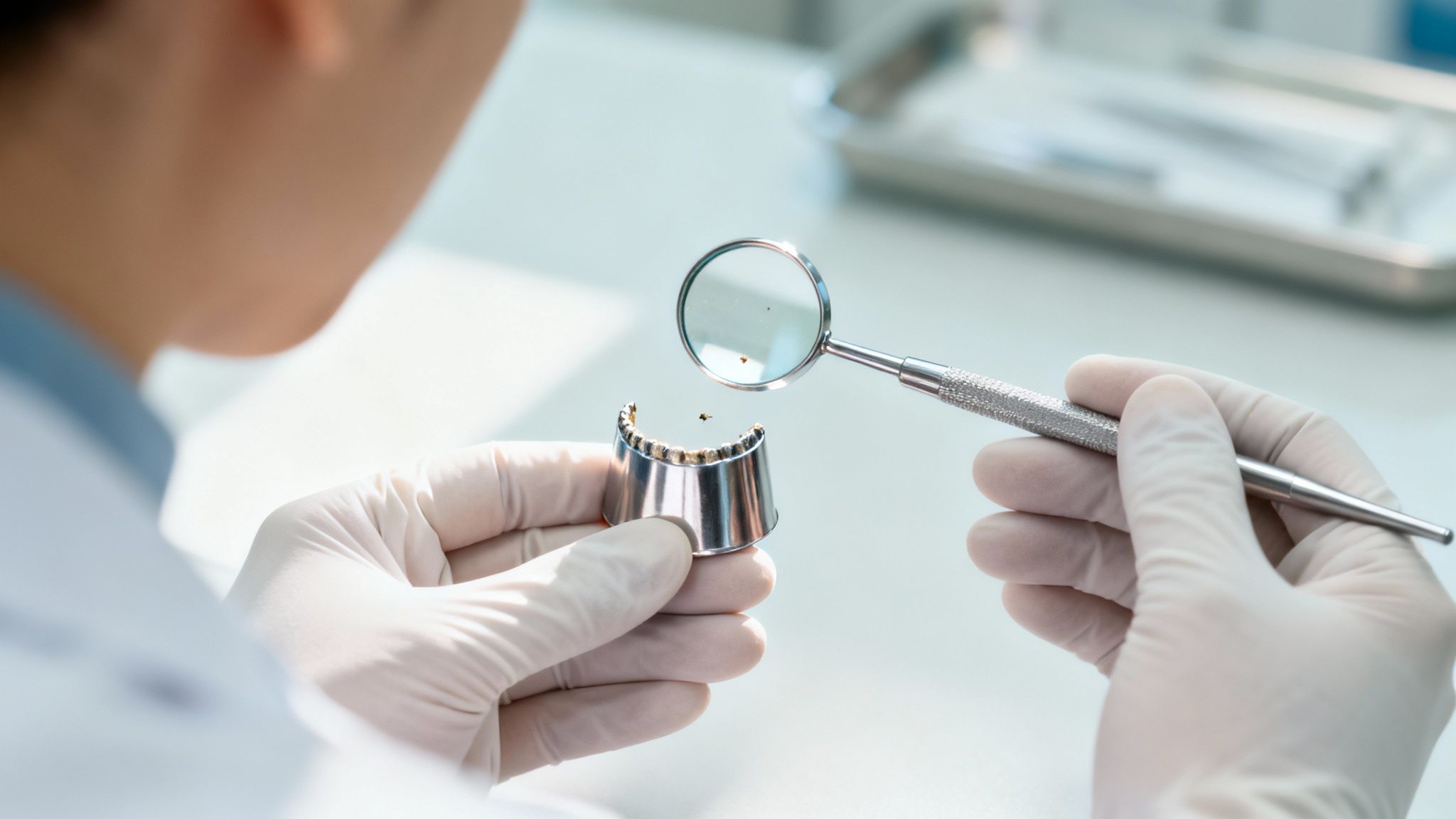 Dentist carefully adjusting a Locator insert in a dental lab setting