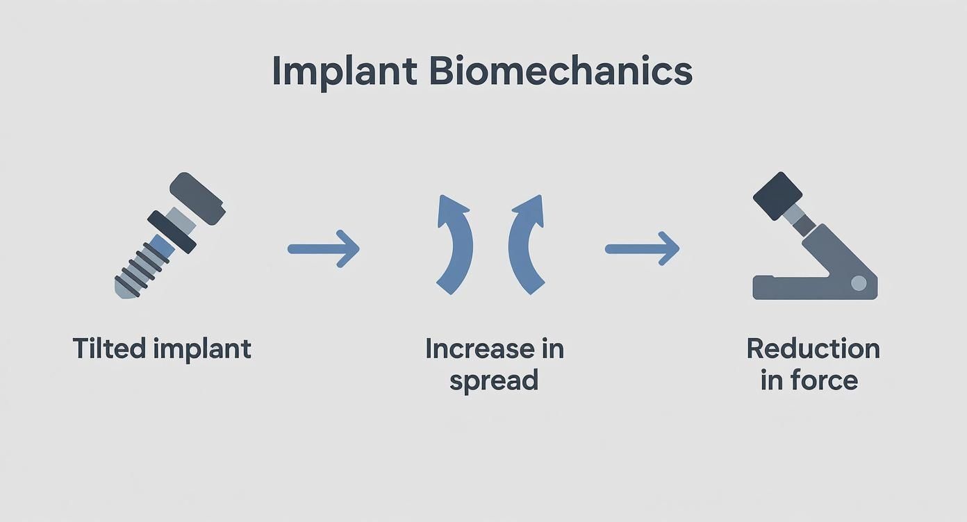 Infographic showing the biomechanical process of tilting an implant to increase spread and reduce force.