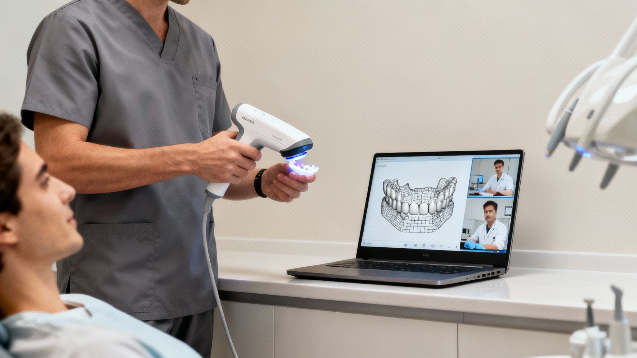 A dental technician using a computer to design a digital denture model, representing the online fabrication process.