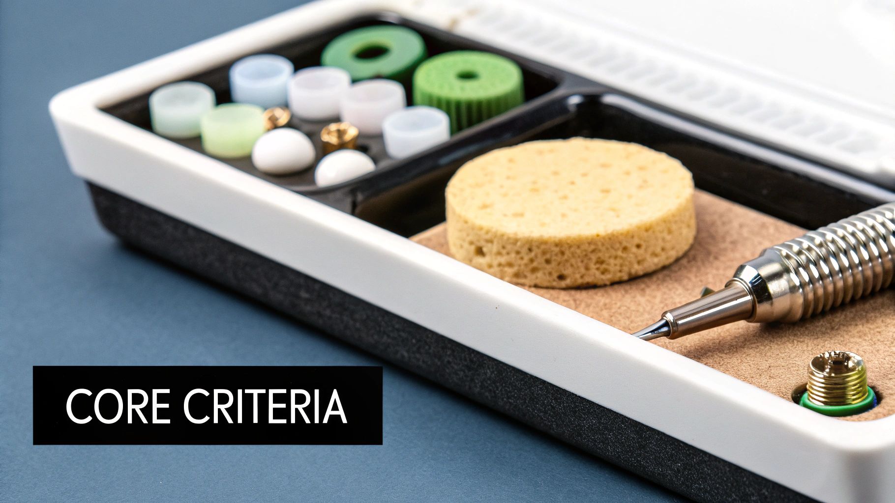 A close-up view of various dental implant components, including screws and abutments, arranged on a sterile surface.