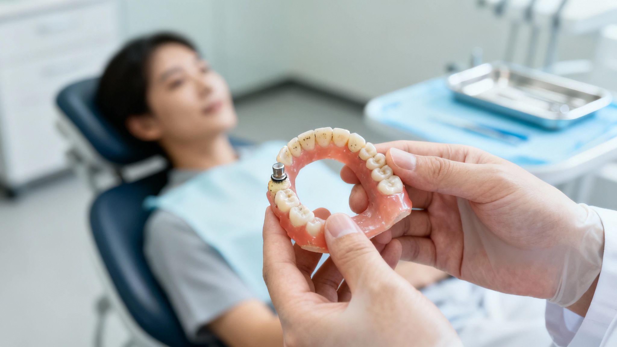 Close-up of a dentist examining a dental implant model with locator inserts