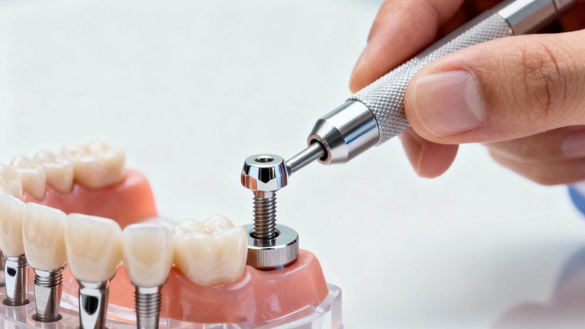 A dental professional using tools to adjust a multi unit abutment on a model