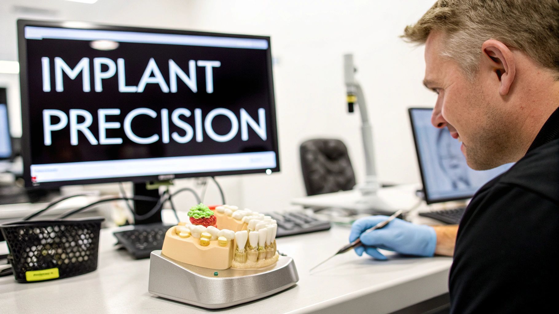 Dental implant components being designed on a computer screen.