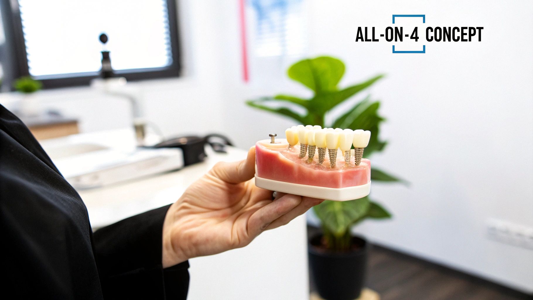 Close-up of a full-arch dental prosthesis model showing four implants
