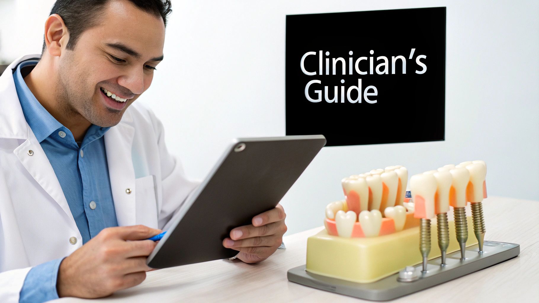 A dental professional examining a dental implant model, representing the clinical decision-making process.