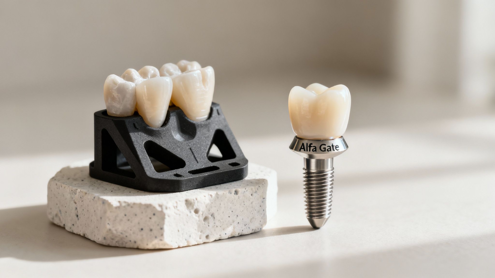Dental implant with crown next to model of teeth showing dental technology and 3D printing