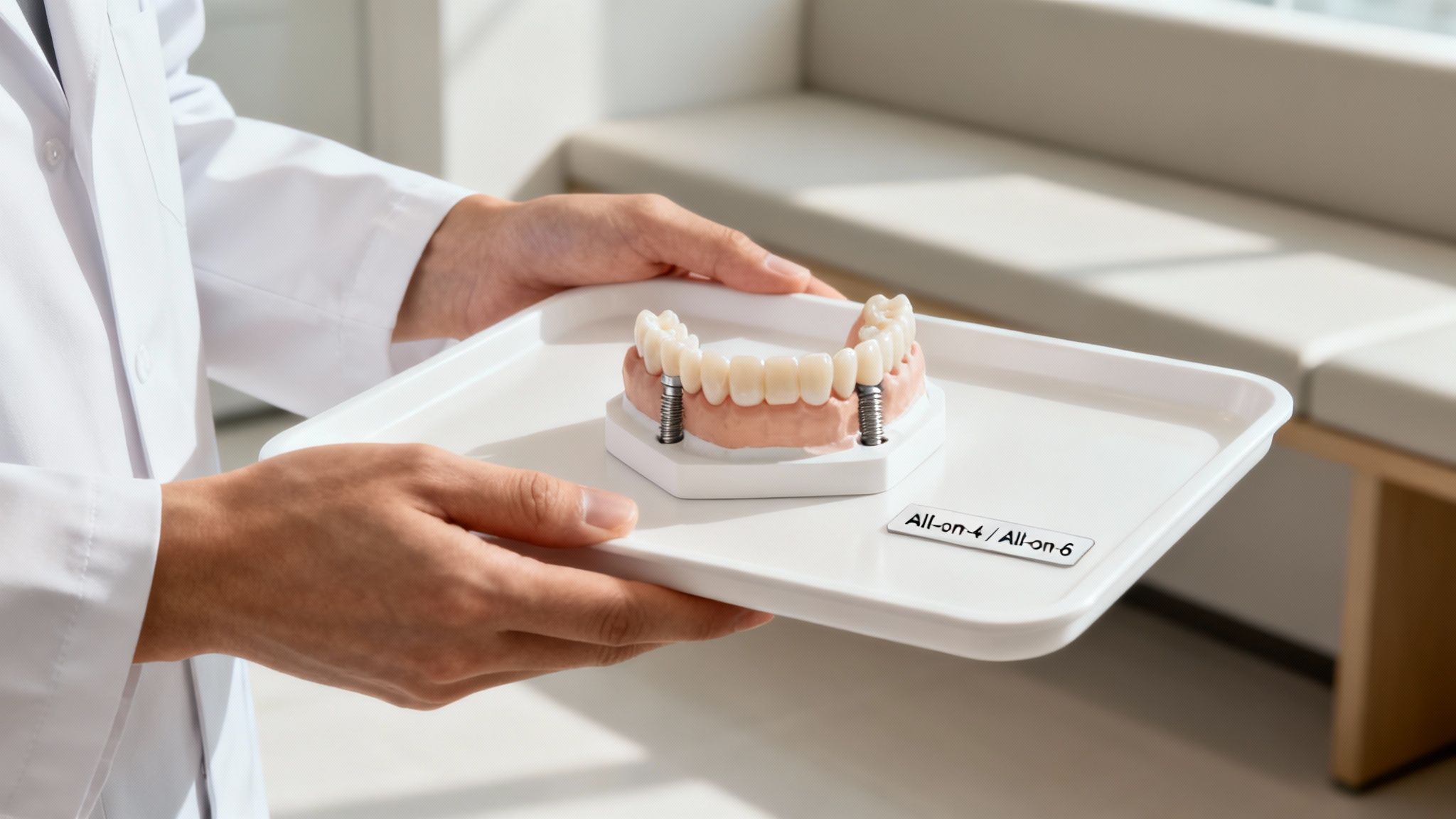 A dentist and a patient looking at a dental x-ray of full arch restorations