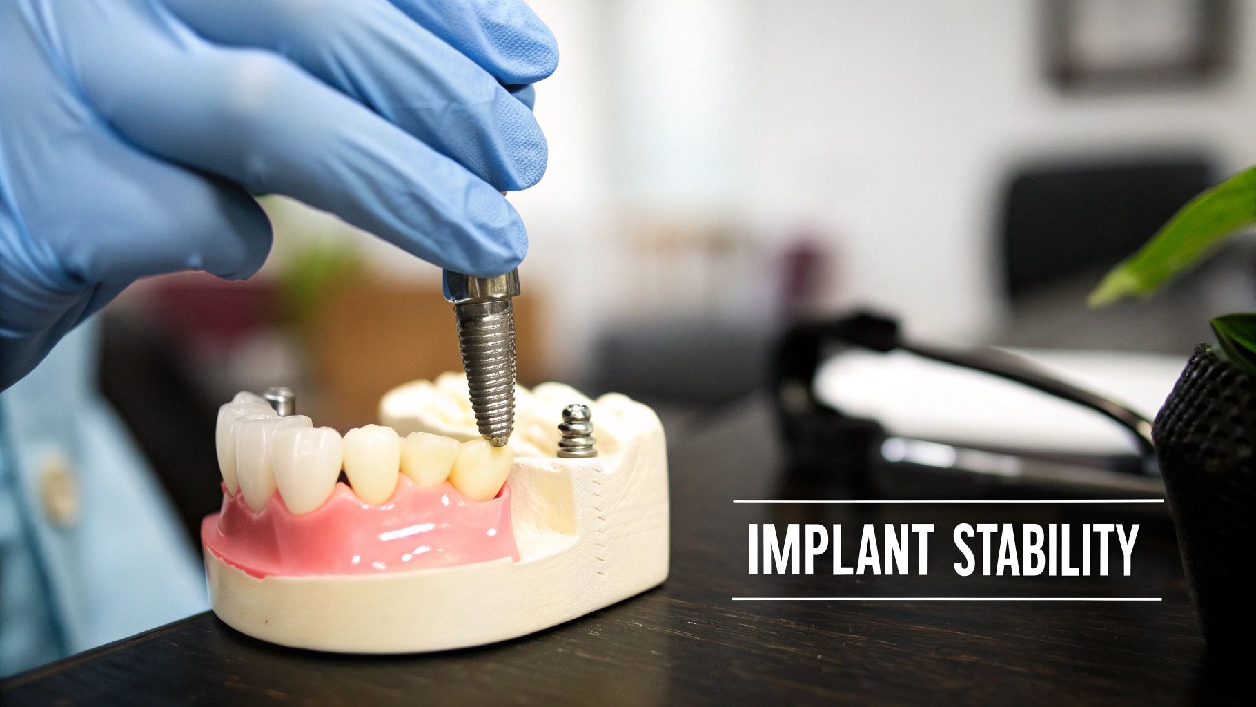 A close-up of a dental abutment screw being held by tweezers, highlighting its small size and precise engineering.