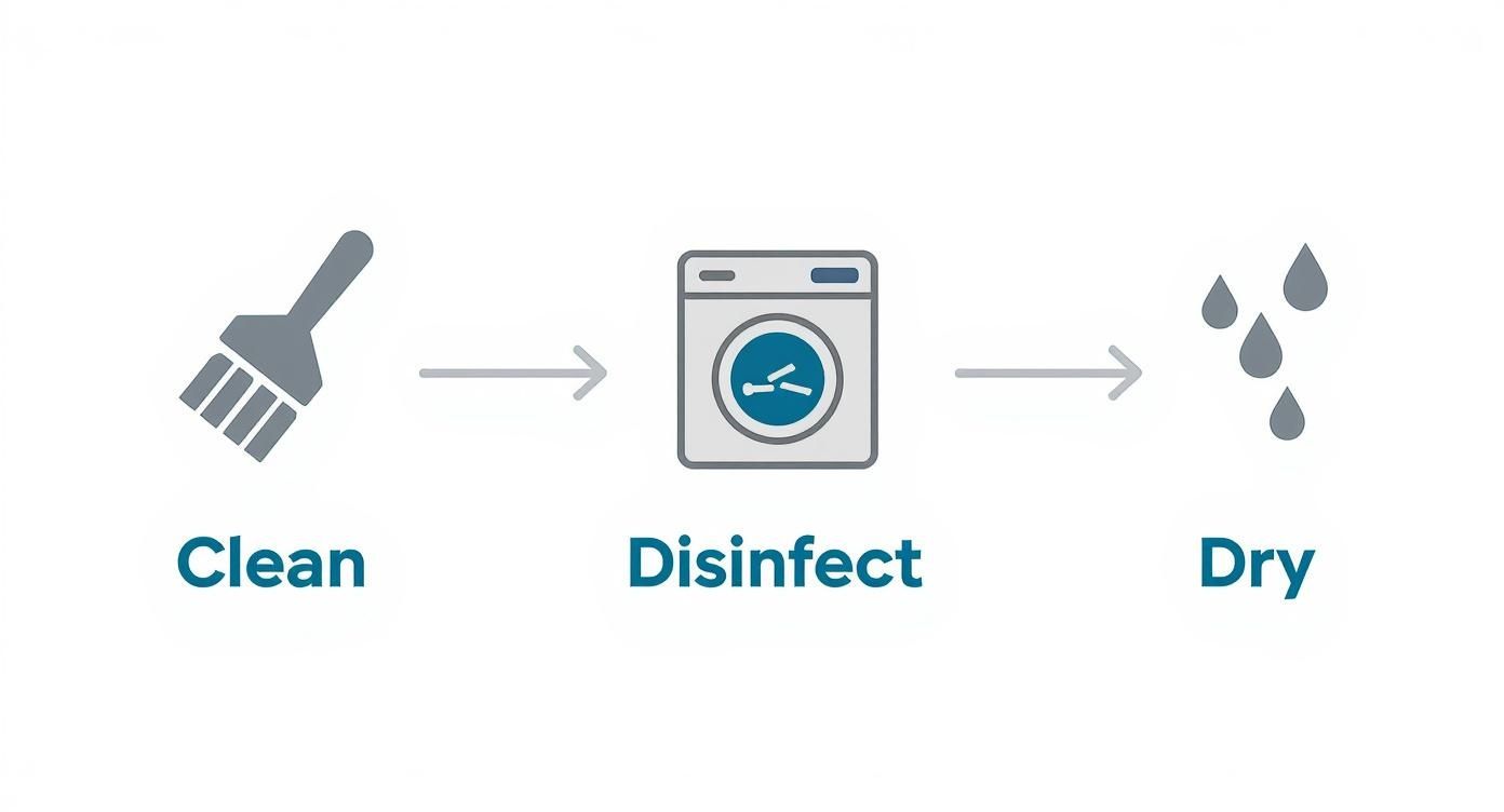A diagram illustrating the three sequential steps for cleaning instruments: clean, disinfect, and dry.