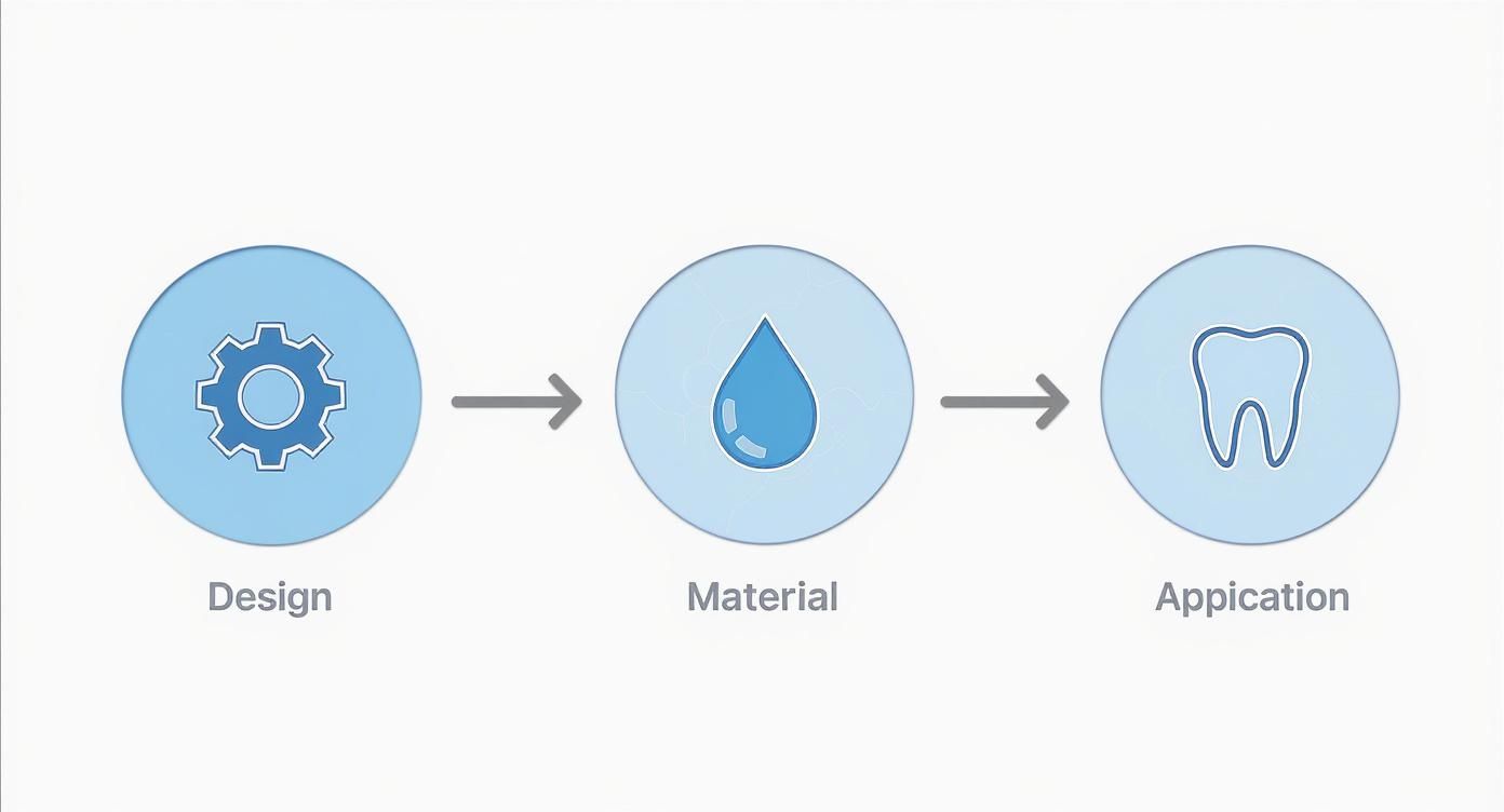 Three-step dental technology workflow diagram showing design, material selection, and tooth application process icons