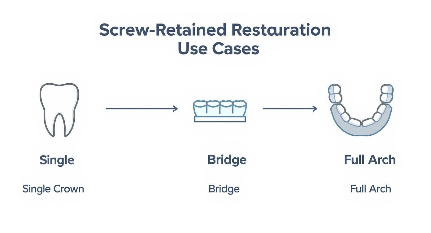 Infographic showing process flow for screw-retained restorations, including single crown, bridge, and full arch cases.
