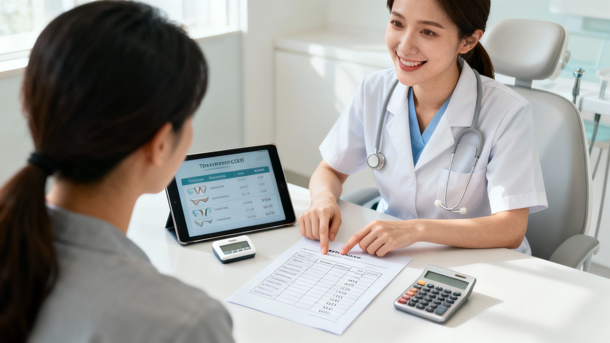 A smiling female dentist explains dental options to a patient, pointing at a document on the table.