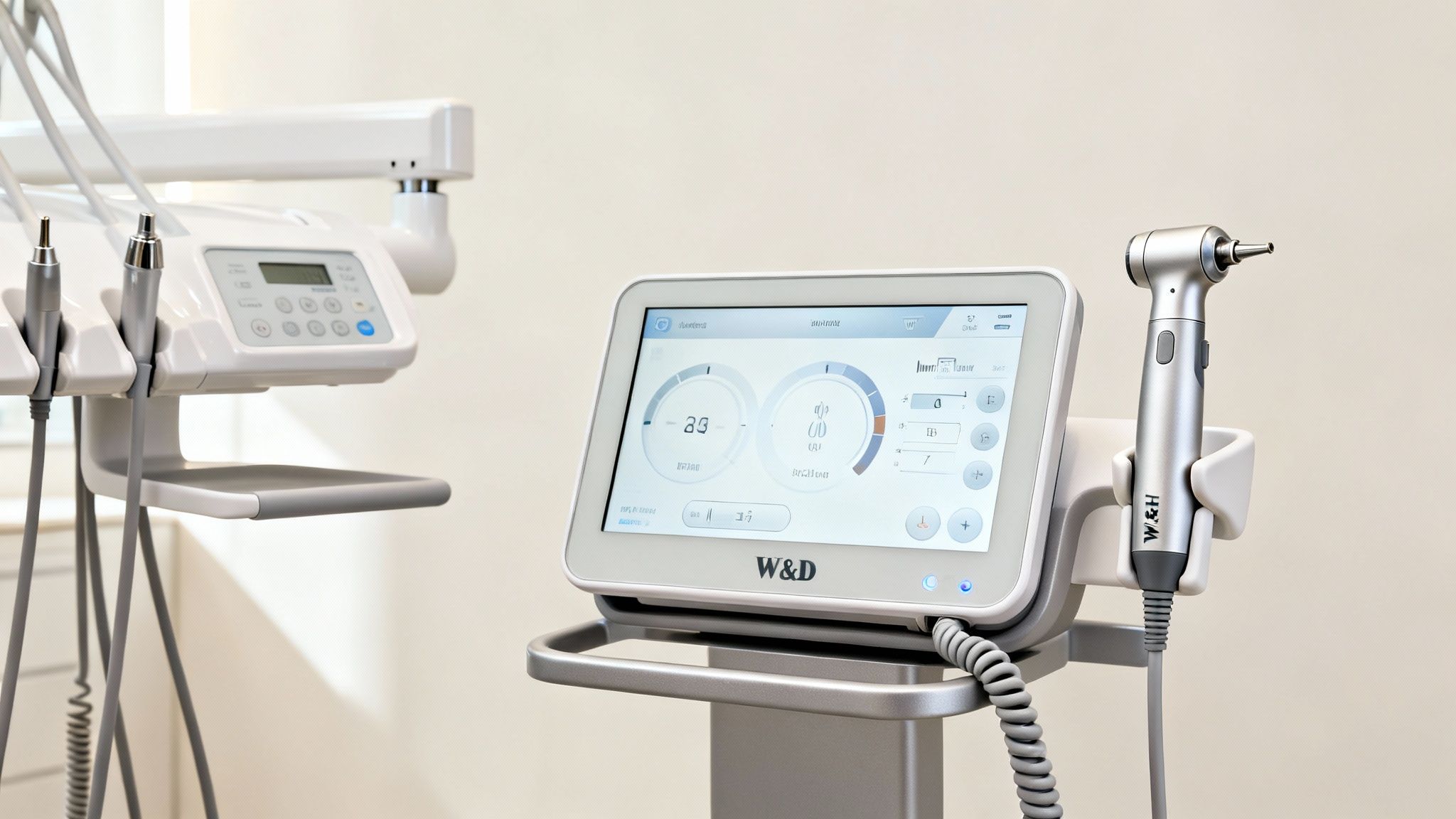 Modern W&H dental equipment, featuring a touchscreen control panel and handpiece, in a clean clinic setting.