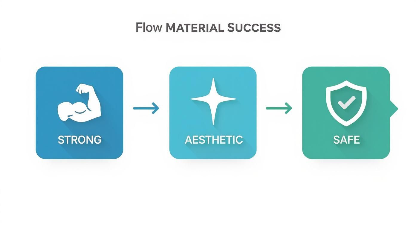 Infographic showing a three-step process for material success: Strong, Aesthetic, and Safe