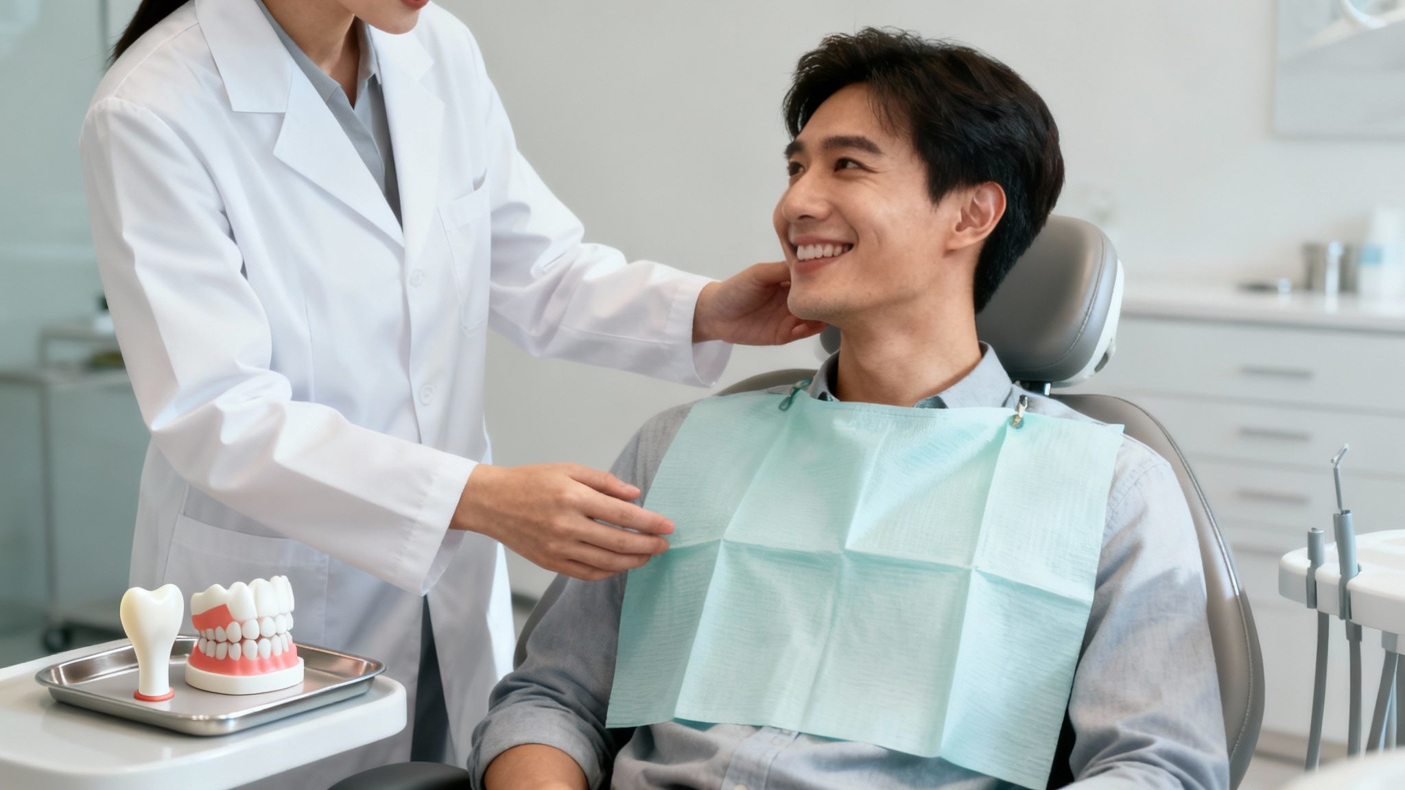 Asian male patient smiling at dentist during consultation with dental model display