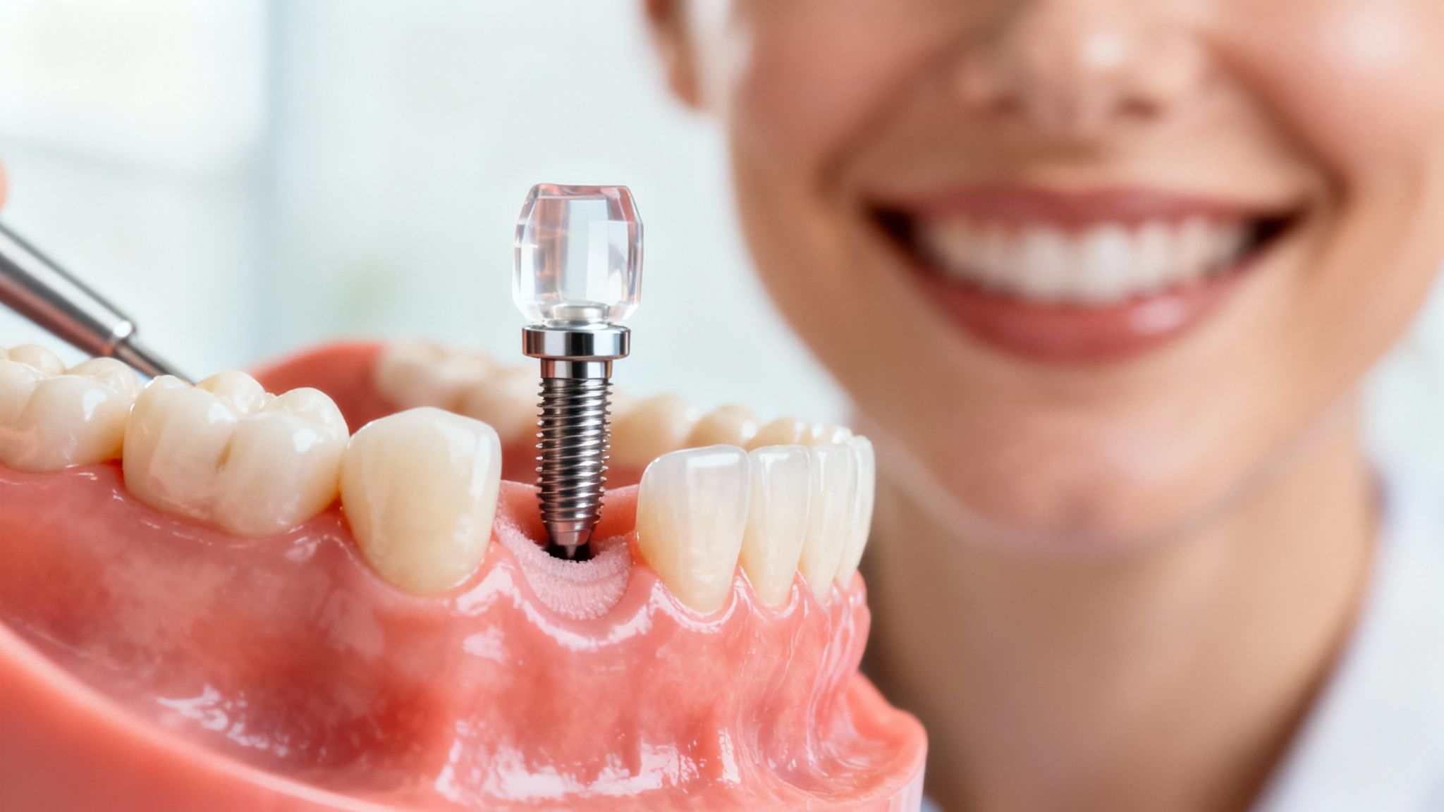 A close-up image showing a Bicon SHORT implant placed in a model jaw with limited bone height.