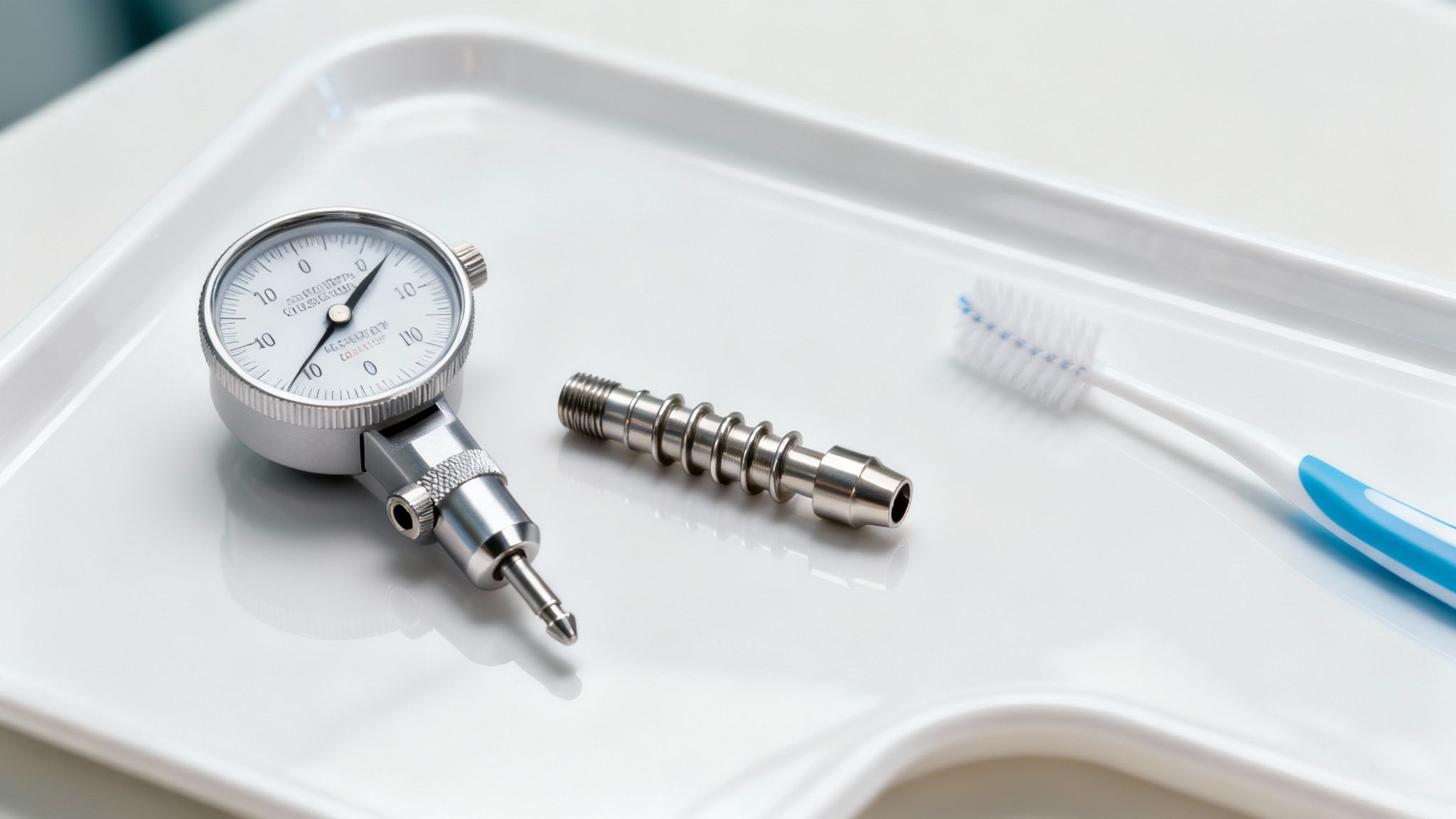 Close-up of dental instruments: a torque wrench, a multi-unit abutment, and a toothbrush on a white tray.