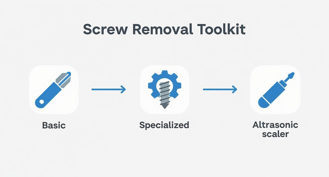 A visual guide showing a screw removal toolkit progression from basic to specialized to ultrasonic scaler.