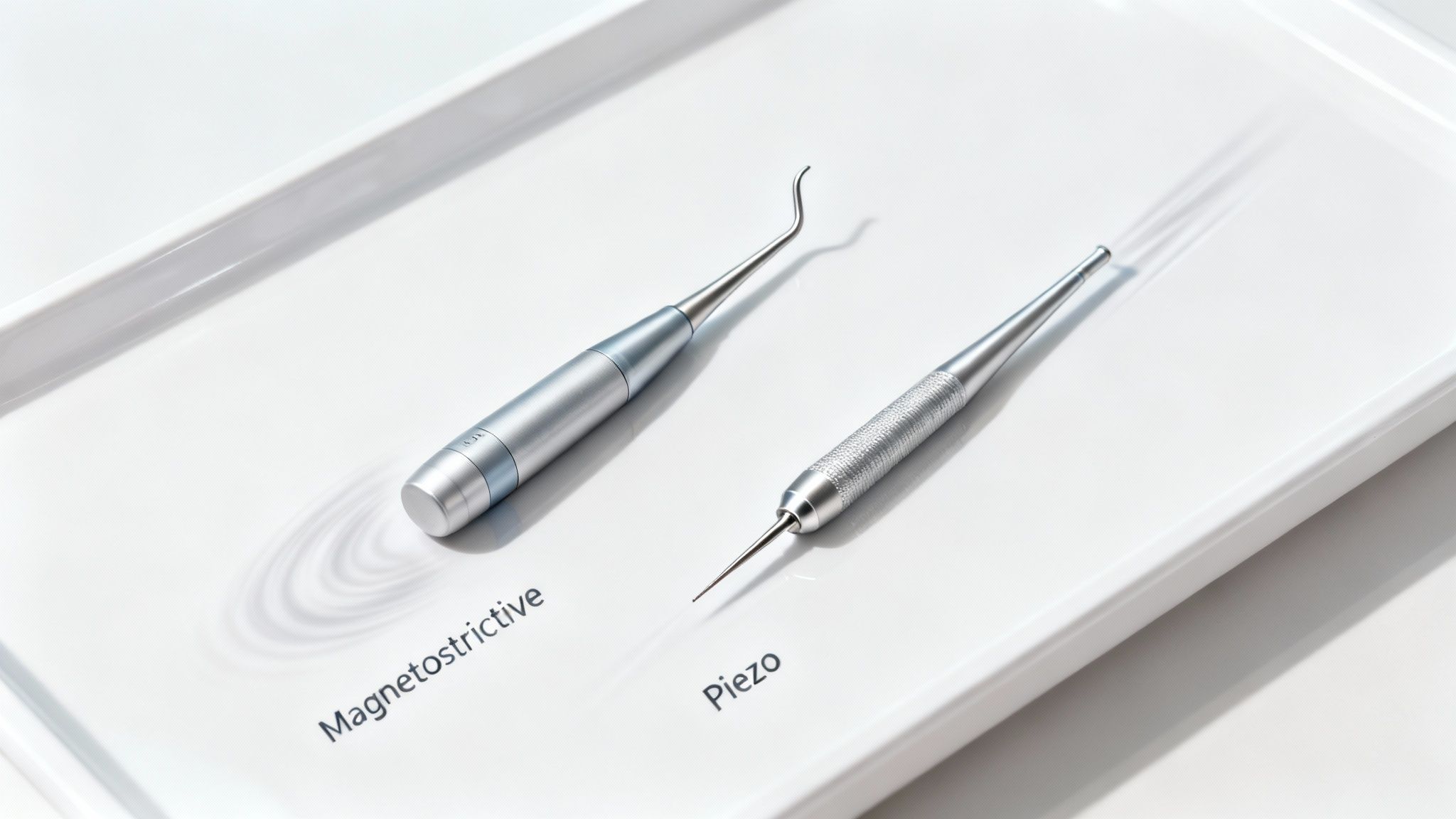 A close-up view of magnetostrictive and piezoelectric ultrasonic scaler tips.