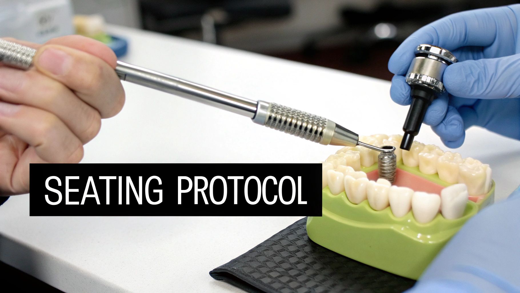 A dental torque wrench being used to tighten a Straumann screw-retained abutment.